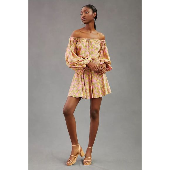 MISA JORDANA DRESS Smocked Waist Mini off the shoulder Dress Size Small - Picture 2 of 6